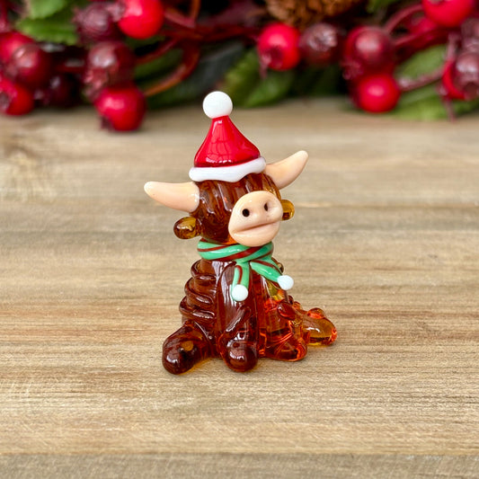 Miniature Glass Christmas Highland Cow Figurine Collectable Ornament