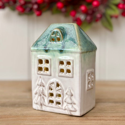 LED Ceramic Christmas House Decorations | Light Up Green & Beige Christmas Cottage Ornaments