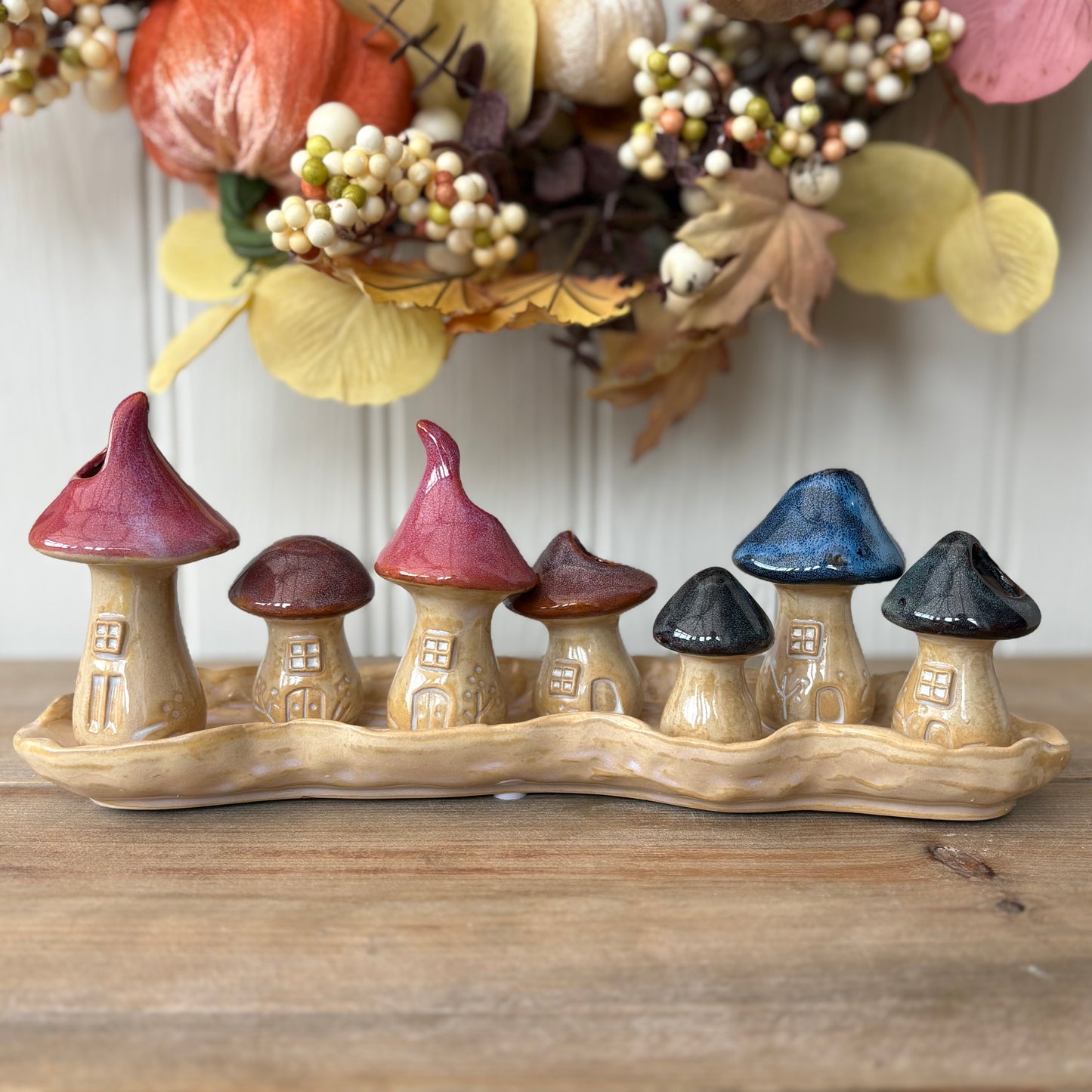 Porcelain Mushroom Toadstool Village Ornament | Autumn Mantel Decoration with Pink & Blue Roof Fairy Houses on Dish Base