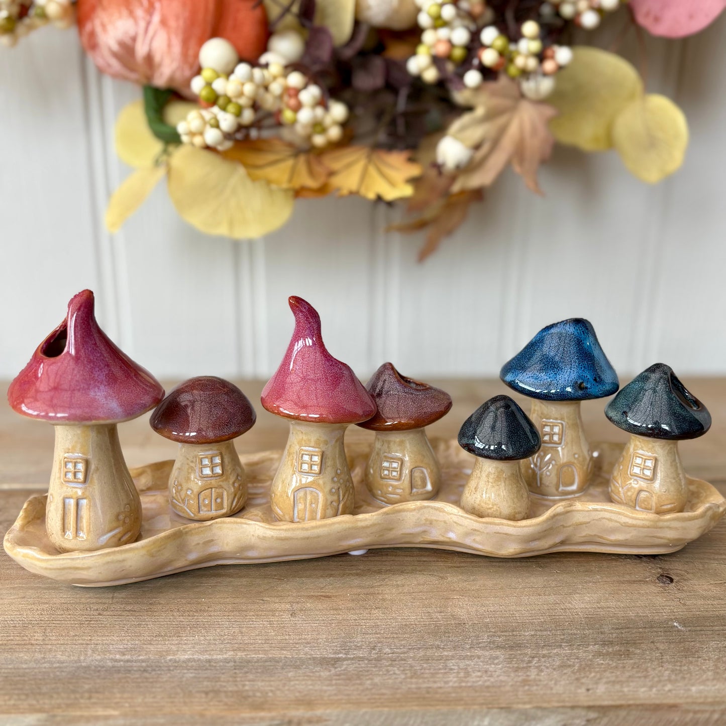 Porcelain Mushroom Toadstool Village Ornament | Autumn Mantel Decoration with Pink & Blue Roof Fairy Houses on Dish Base