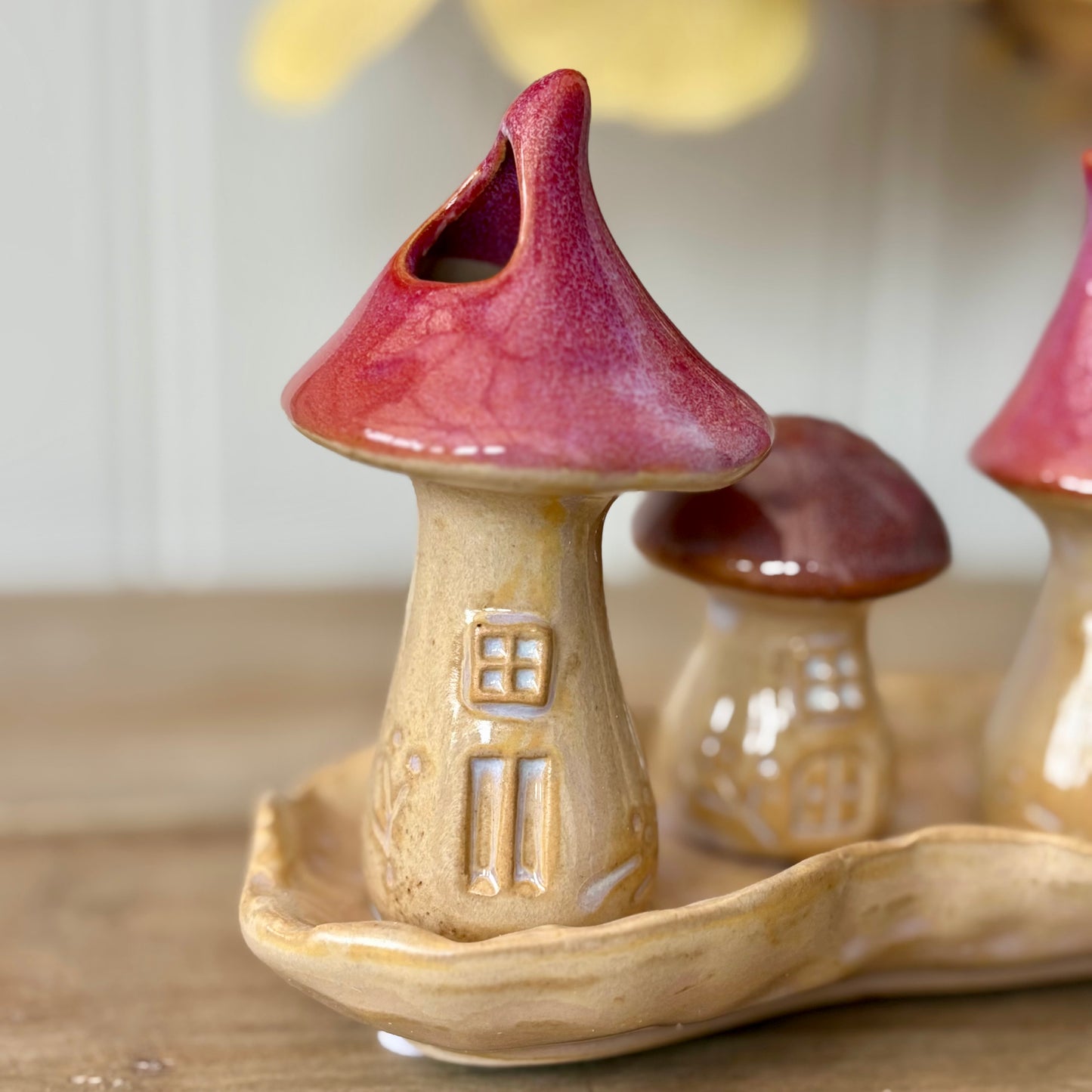 Porcelain Mushroom Toadstool Village Ornament | Autumn Mantel Decoration with Pink & Blue Roof Fairy Houses on Dish Base