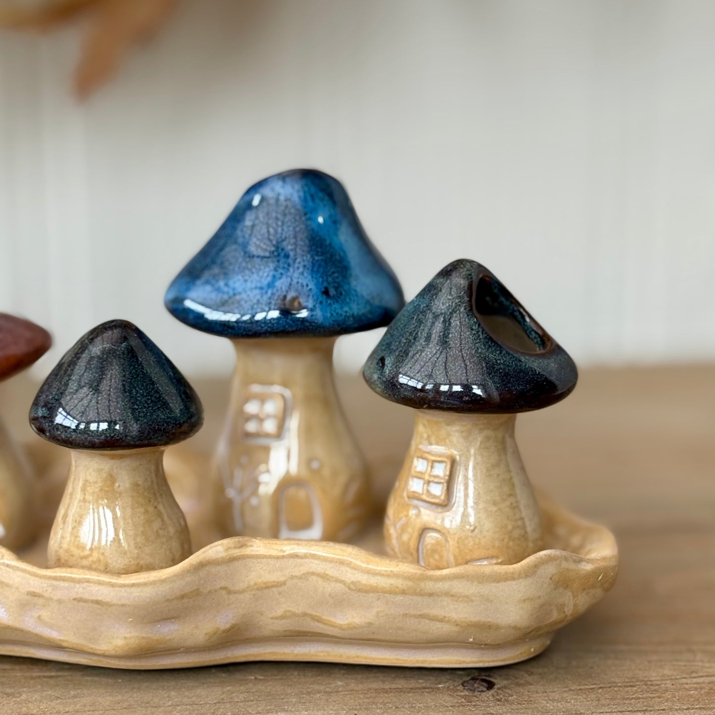 Porcelain Mushroom Toadstool Village Ornament | Autumn Mantel Decoration with Pink & Blue Roof Fairy Houses on Dish Base