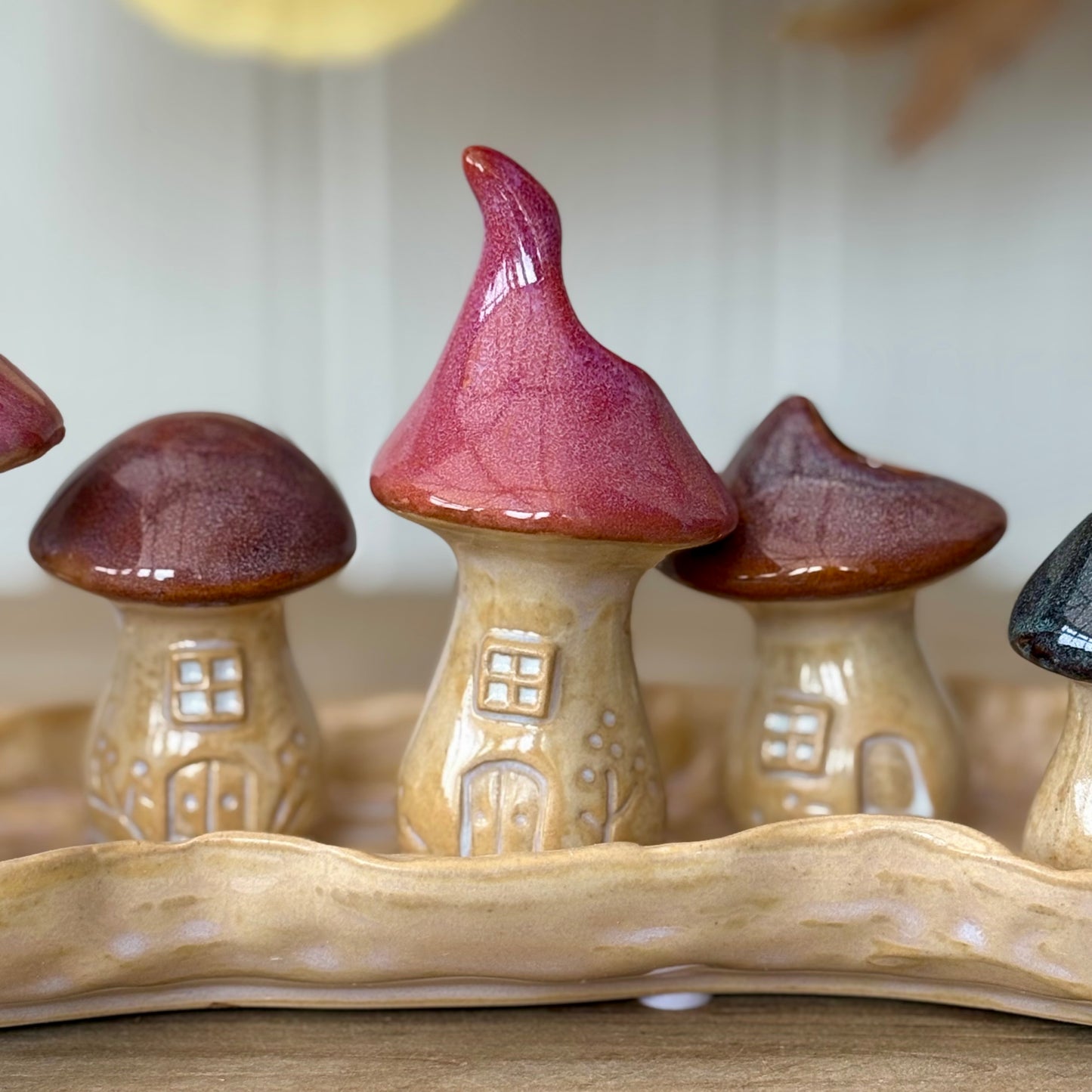 Porcelain Mushroom Toadstool Village Ornament | Autumn Mantel Decoration with Pink & Blue Roof Fairy Houses on Dish Base