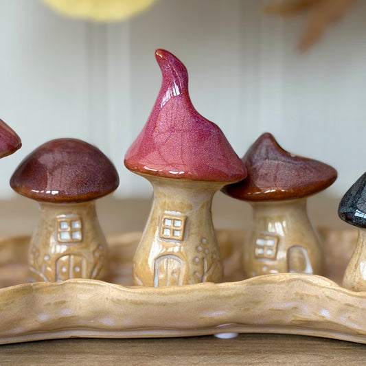 Porcelain Mushroom Toadstool Village Ornament | Autumn Mantel Decoration with Pink & Blue Roof Fairy Houses on Dish Base