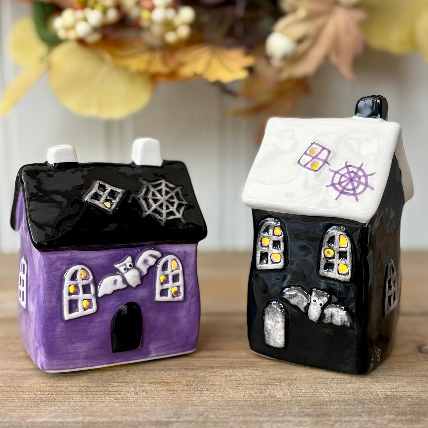Ceramic LED Halloween Houses | Light Up Black & Purple Haunted House Ornaments | Spooky Mantel Tabletop Halloween Decoration