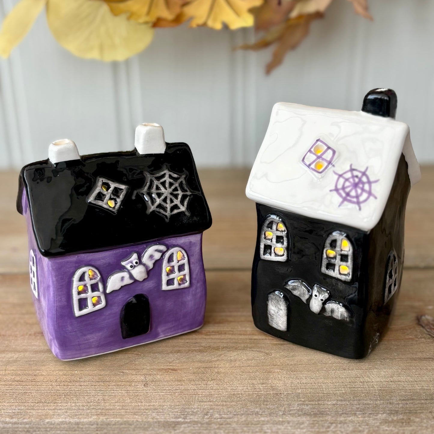 Ceramic LED Halloween Houses | Light Up Black & Purple Haunted House Ornaments | Spooky Mantel Tabletop Halloween Decoration