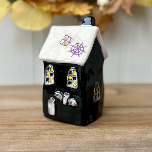 Ceramic LED Halloween Houses | Light Up Black & Purple Haunted House Ornaments | Spooky Mantel Tabletop Halloween Decoration
