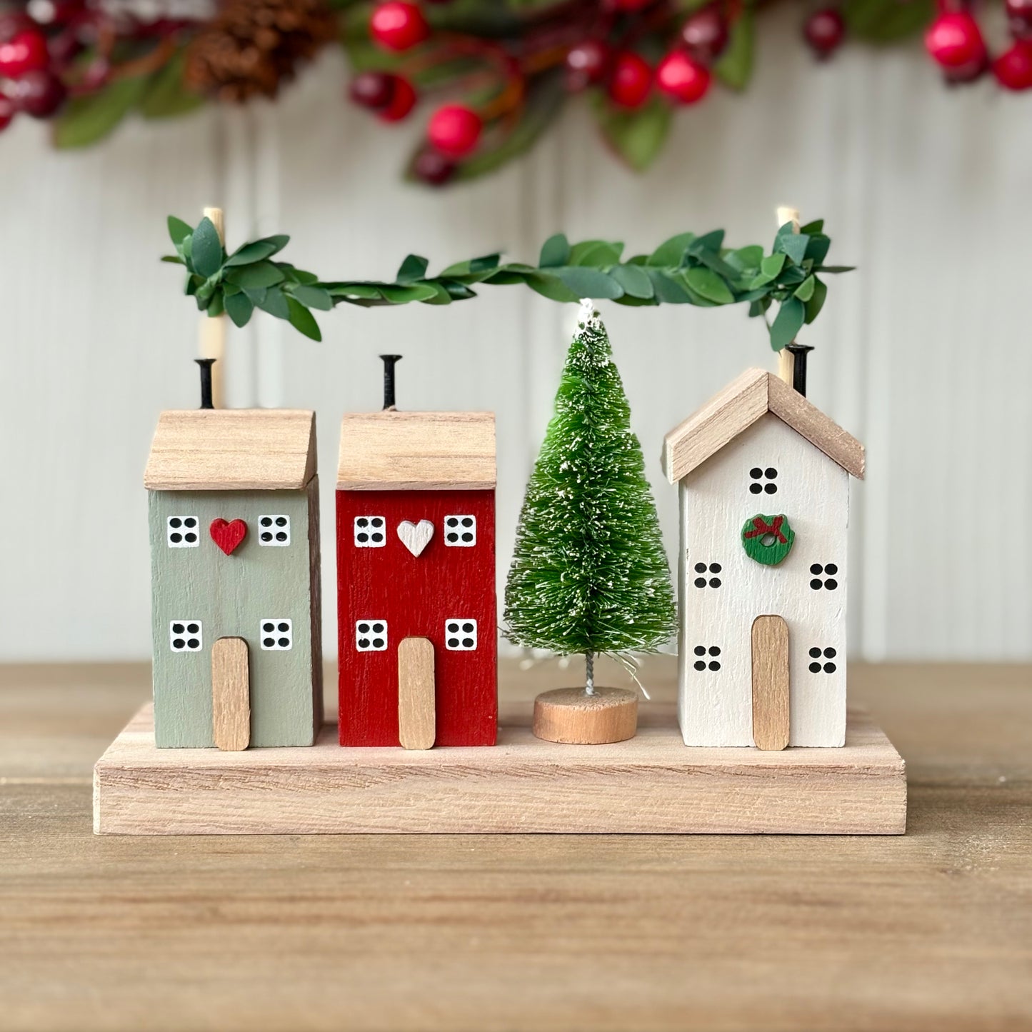 Rustic Wooden Christmas Village House Block Ornament | Wooden Houses with Mini Tree & Garland Decoration