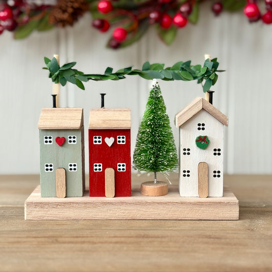 Rustic Wooden Christmas Village House Block Ornament | Wooden Houses with Mini Tree & Garland Decoration