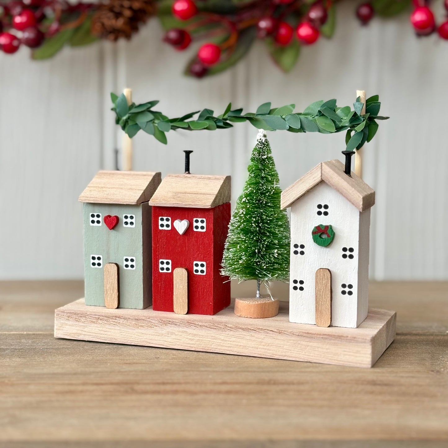 Rustic Wooden Christmas Village House Block Ornament | Wooden Houses with Mini Tree & Garland Decoration
