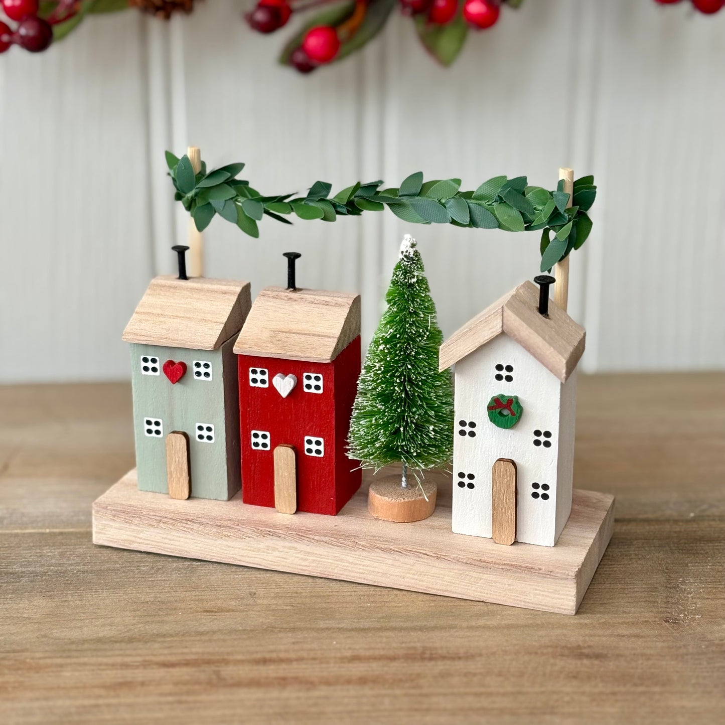 Rustic Wooden Christmas Village House Block Ornament | Wooden Houses with Mini Tree & Garland Decoration