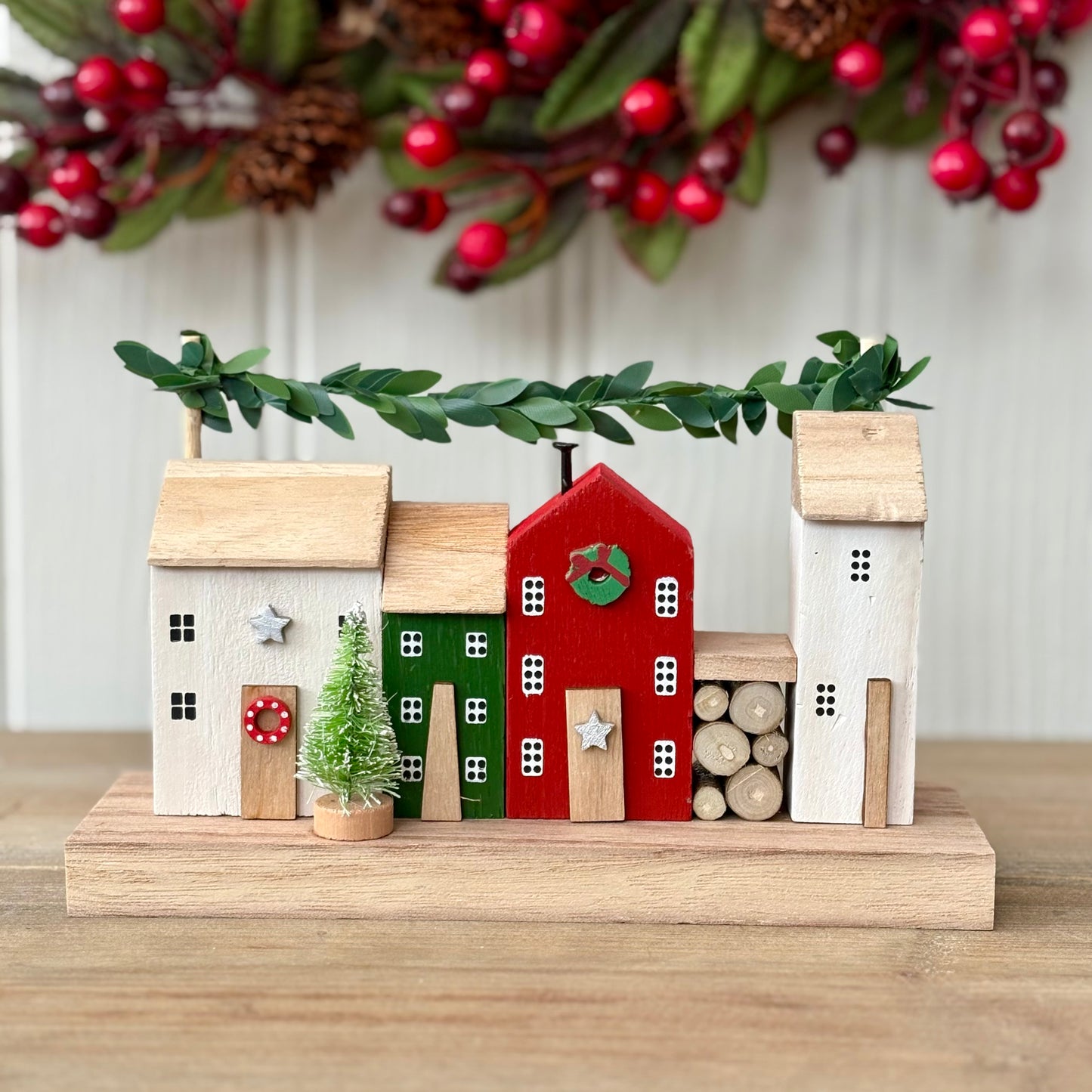 Rustic Wooden Christmas Village House Block Ornament | Wooden Houses with Mini Tree & Log Stack Decoration
