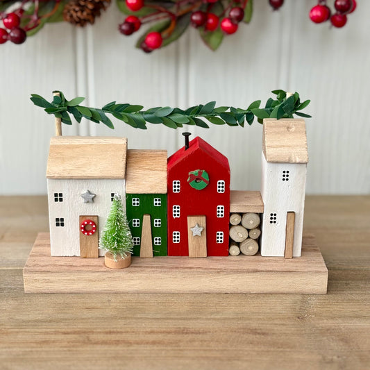 Rustic Wooden Christmas Village House Block Ornament | Wooden Houses with Mini Tree & Log Stack Decoration