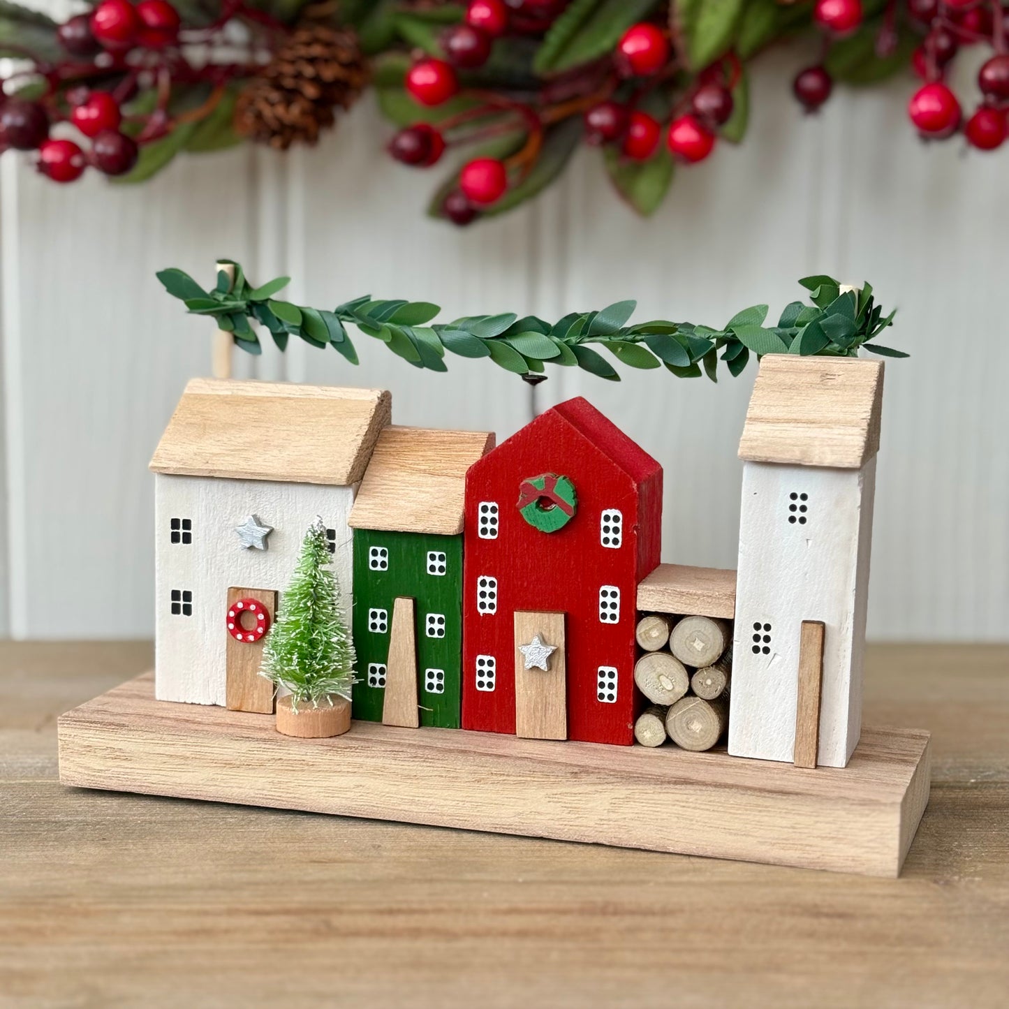 Rustic Wooden Christmas Village House Block Ornament | Wooden Houses with Mini Tree & Log Stack Decoration
