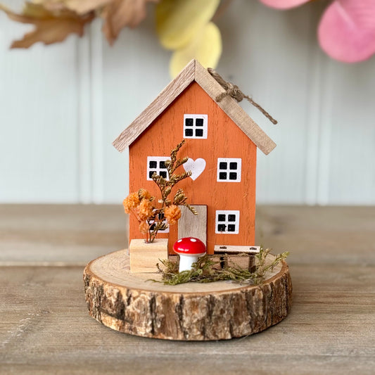 Autumn Woodland House Scene on Wooden Base Ornament