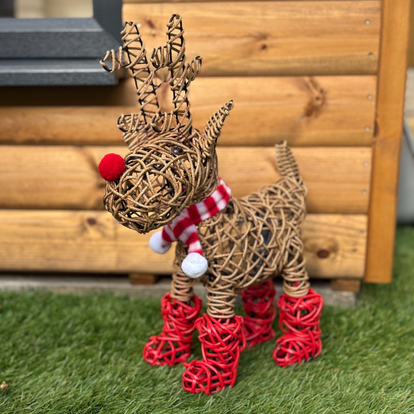 Christmas Light Up Rattan Reindeer in Red Boots & Scarf Decoration
