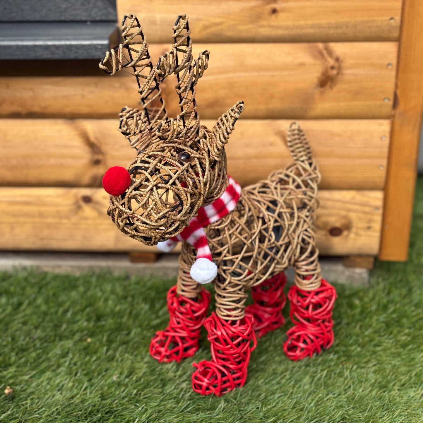 Christmas Light Up Rattan Reindeer in Red Boots & Scarf Decoration