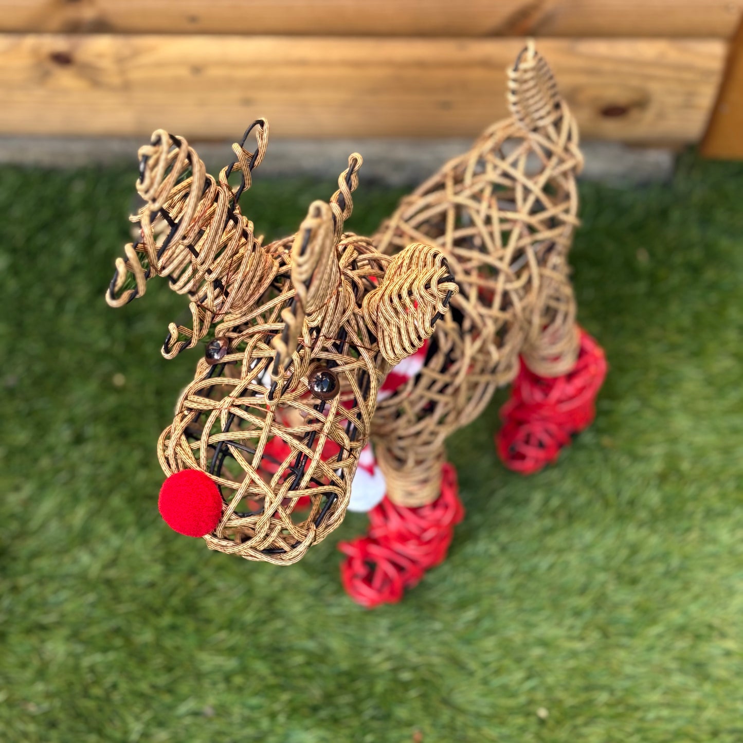 Christmas Light Up Rattan Reindeer in Red Boots & Scarf Decoration