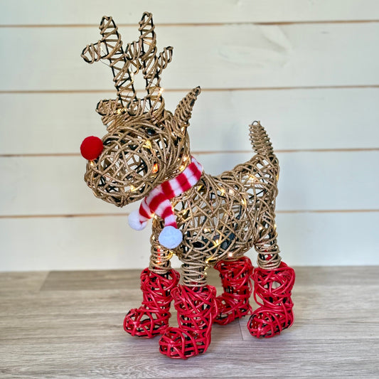 Christmas Light Up Rattan Reindeer in Red Boots & Scarf Decoration