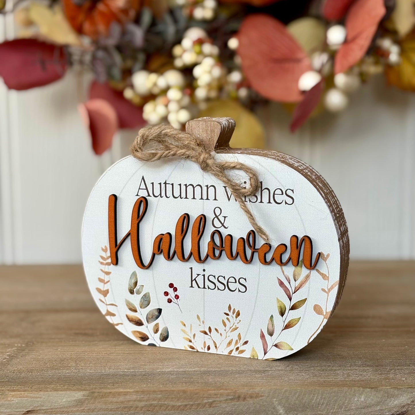 Rustic Wooden Pumpkin Sign | Autumn Wishes & Halloween Kisses