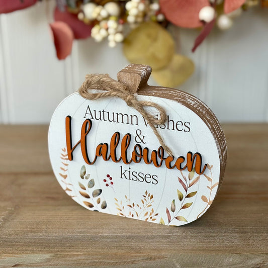 Rustic Wooden Pumpkin Sign | Autumn Wishes & Halloween Kisses