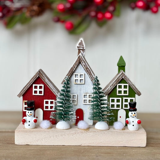 Rustic Wooden Christmas Village House Scene with Snowmen & Trees