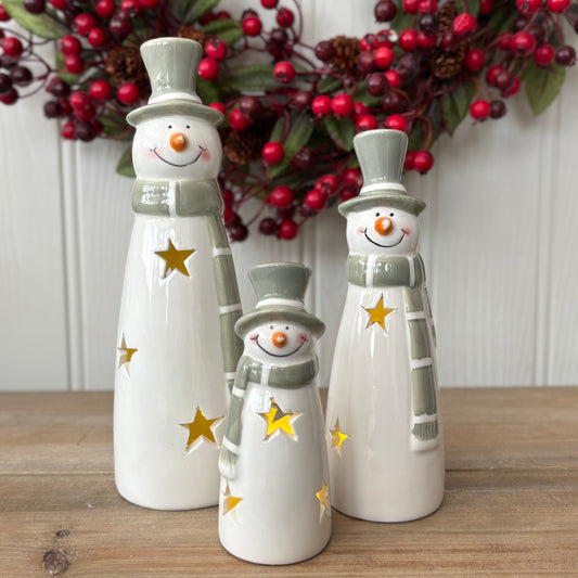 Ceramic LED Snowman Decorations with Cutout Stars