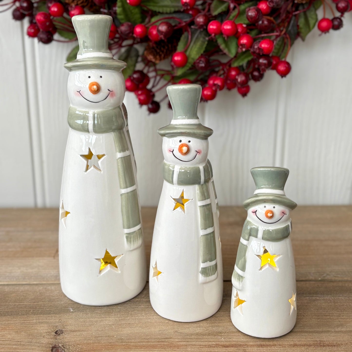 Ceramic LED Snowman Decorations with Cutout Stars