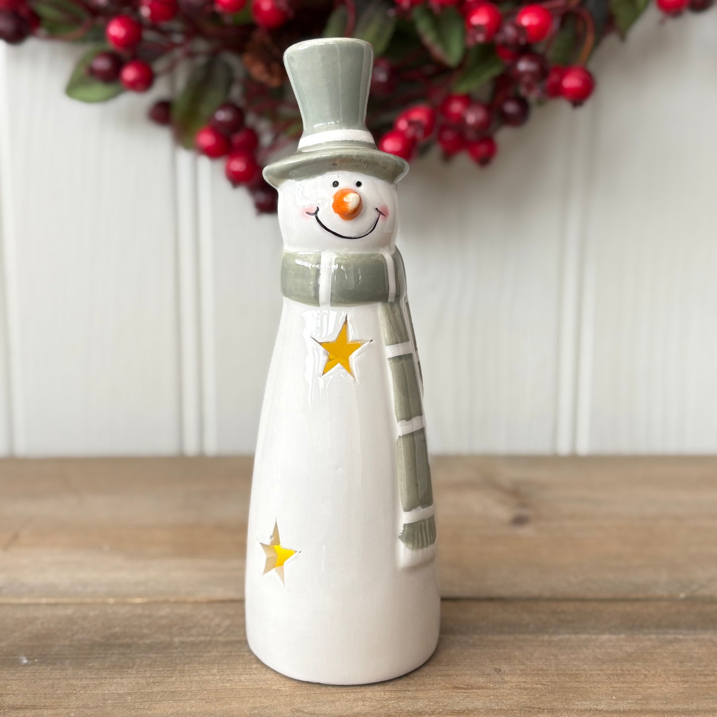 Ceramic LED Snowman Decorations with Cutout Stars