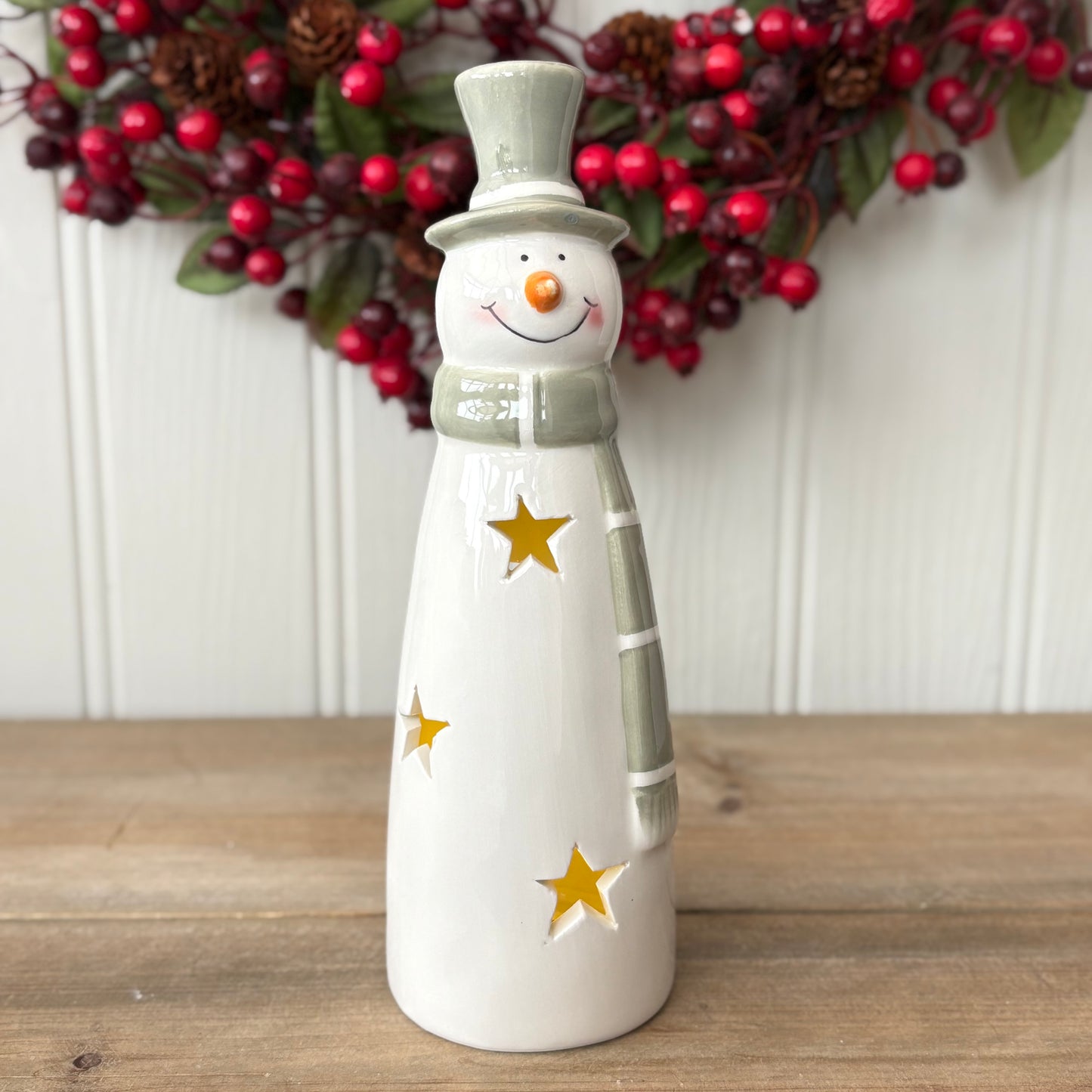Ceramic LED Snowman Decorations with Cutout Stars