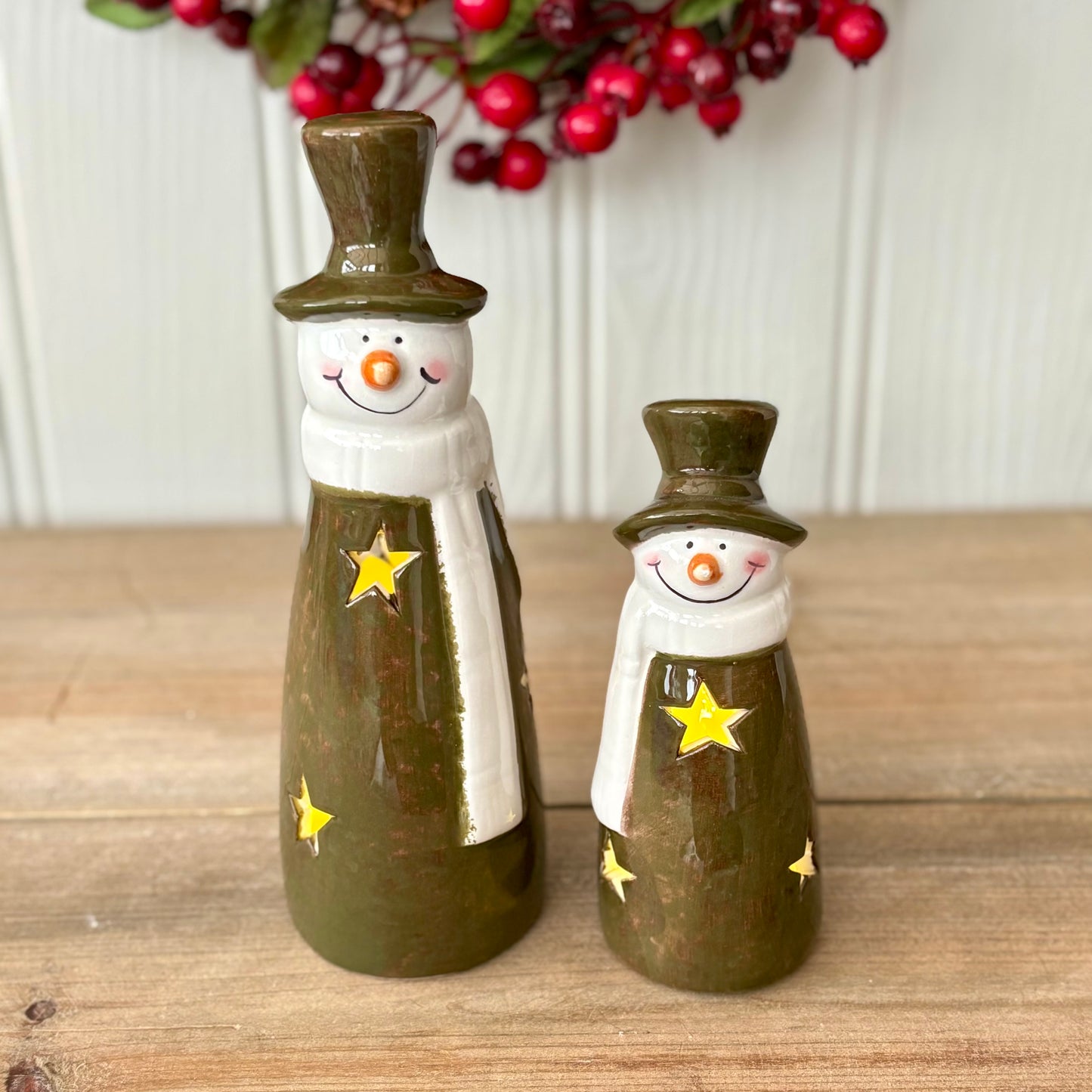 Green Ceramic LED Snowman Decoration with Cutout Stars