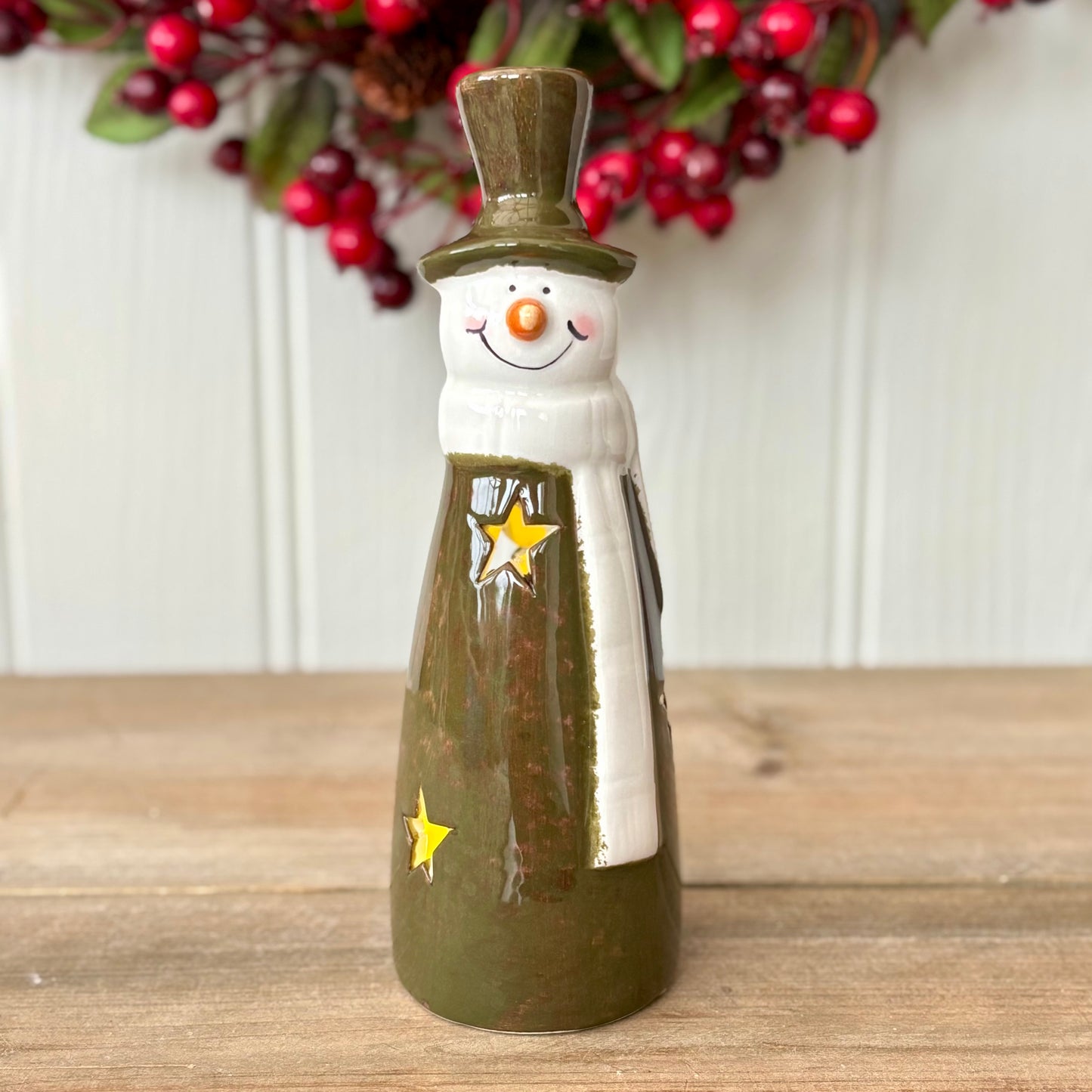 Green Ceramic LED Snowman Decoration with Cutout Stars