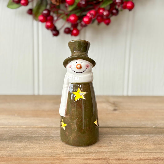 Green Ceramic LED Snowman Decoration with Cutout Stars
