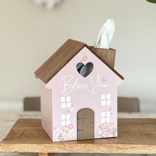 House Shaped Bless You Wooden Tissue Box Cover