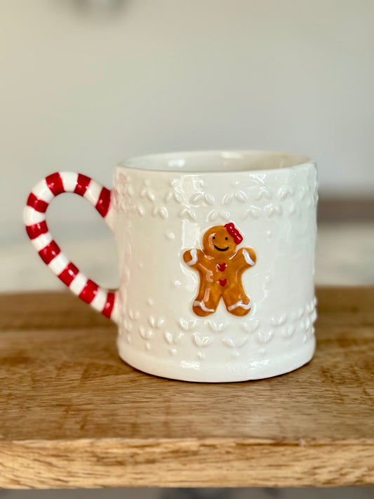 Christmas Gingerbread & Christmas Tree Mugs with Candy Cane Striped Handle