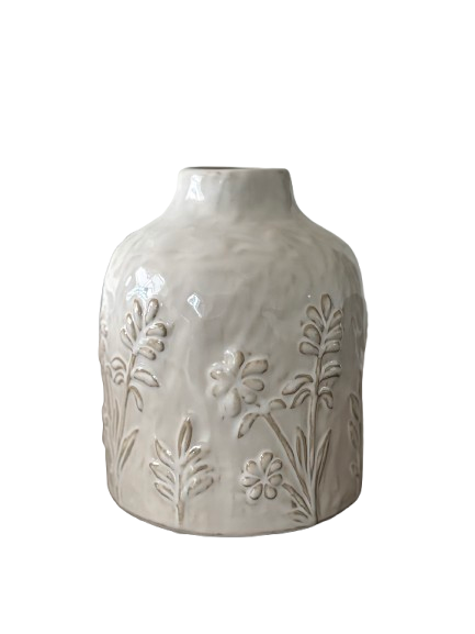 White Ceramic Floral Vase with Embossed Botanical Detail