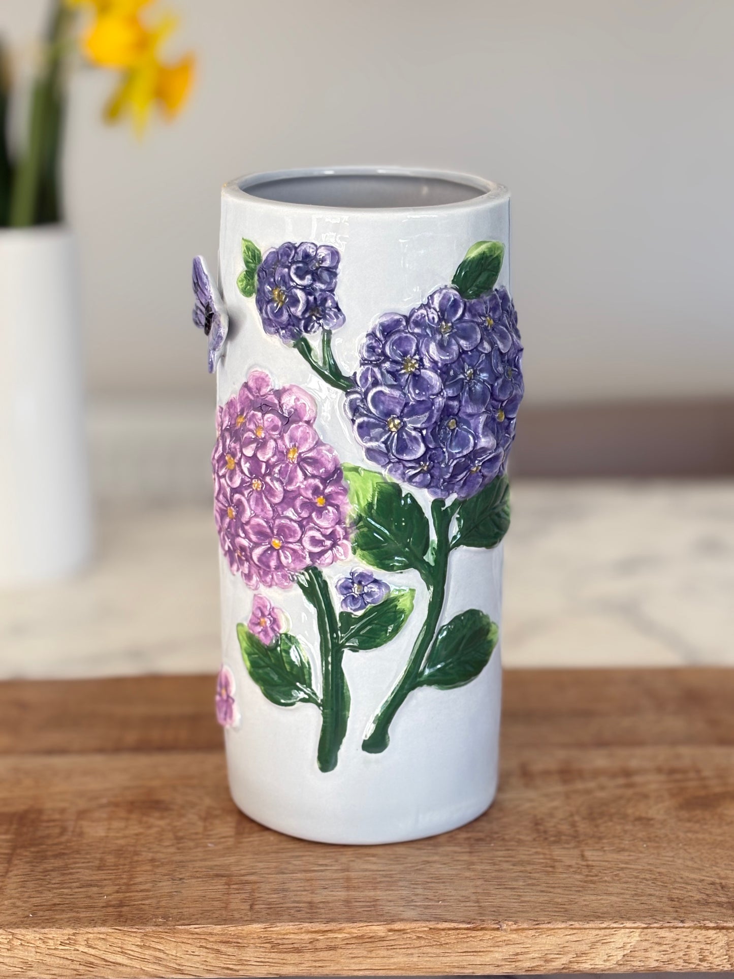Ceramic Embossed Hydrangea Flower Vase With Butterfly Detail