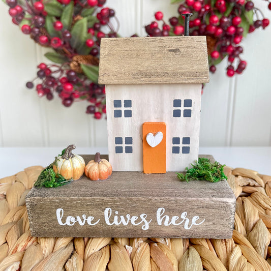 Wooden Autumn Pumpkin House Ornament 'Love Lives Here'