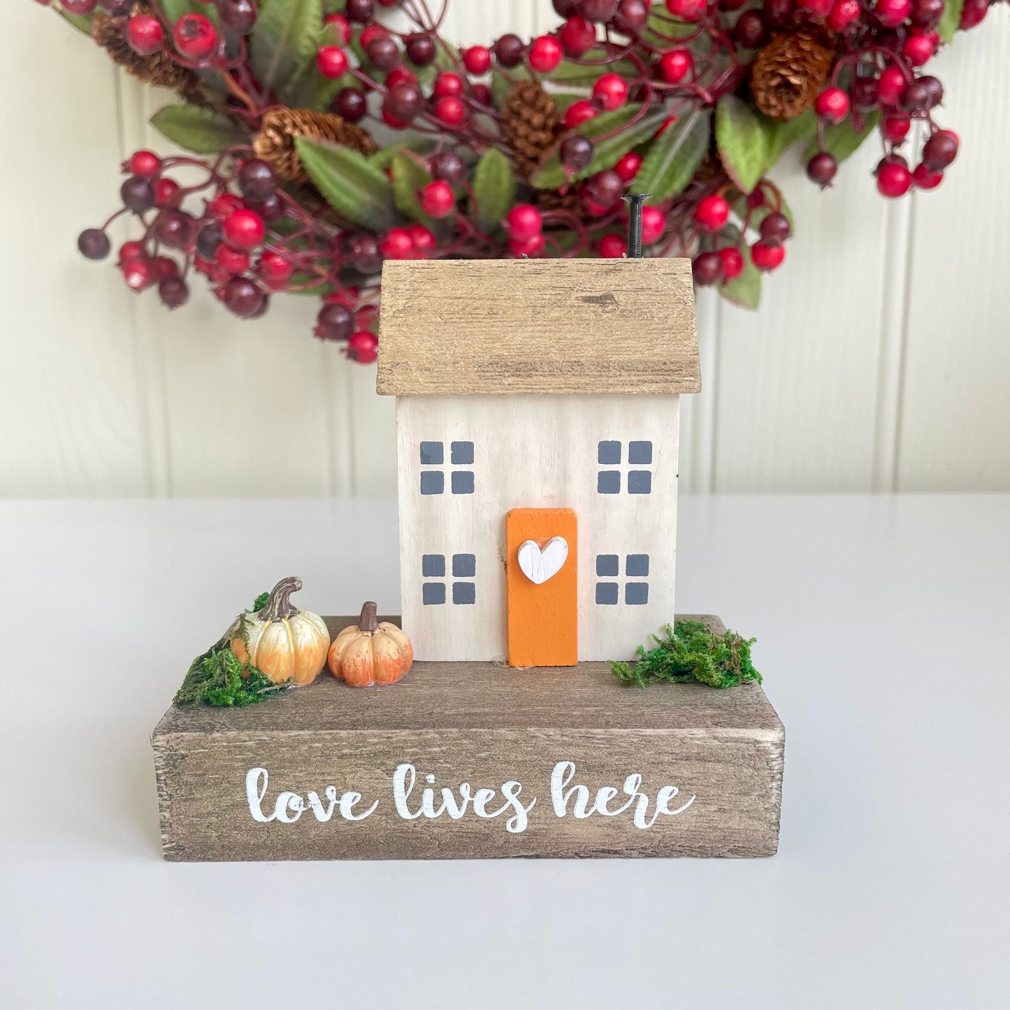 Wooden Autumn Pumpkin House Ornament 'Love Lives Here'