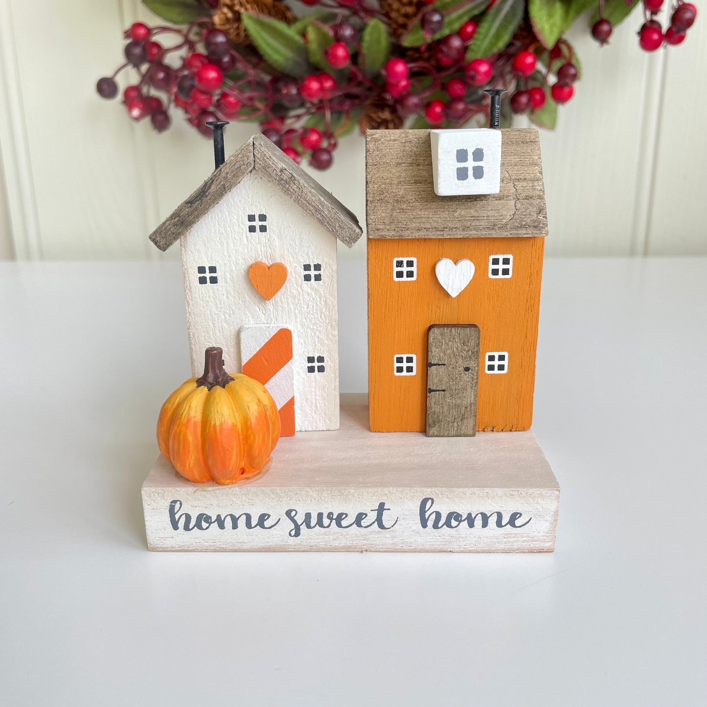 Wooden Autumn Pumpkin House Scene Ornament 'Home Sweet Home'