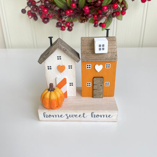 Wooden Autumn Pumpkin House Scene Ornament 'Home Sweet Home'