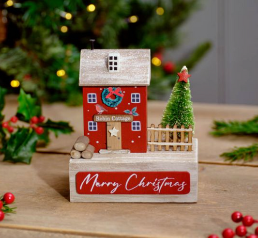 Christmas Robin Cottage Wooden House Block