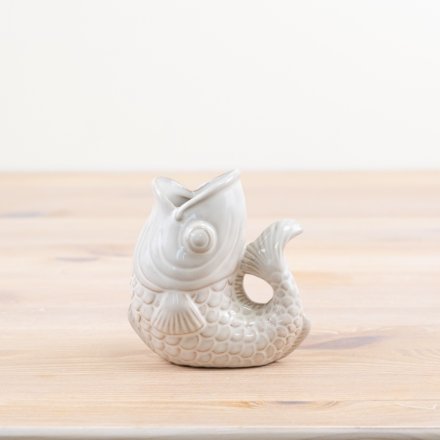 White Ceramic Glug Jug Fish Pitcher | Ceramic Gurgle Coastal Vase