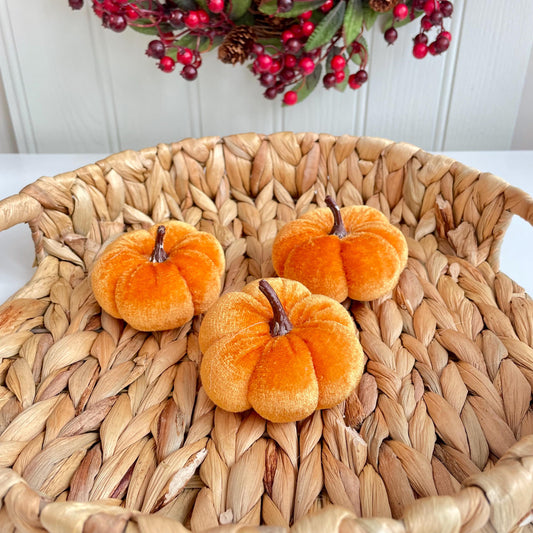 Set of Three Velvet Orange Pumpkin Ornaments