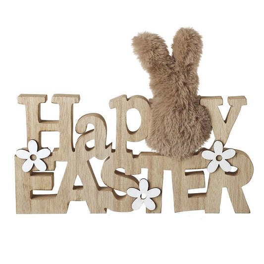 Happy Easter Wooden Display Sign with Fur Bunny Rabbit