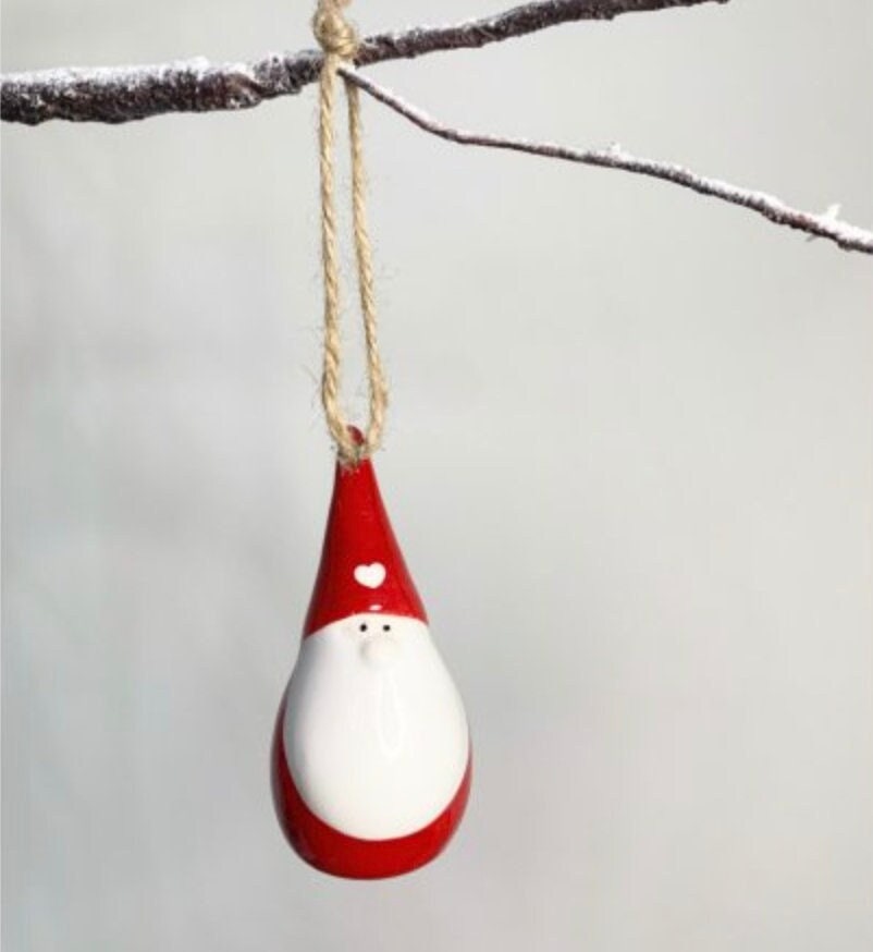 Set of Three Red and White Ceramic Santa Gonk Christmas Baubles