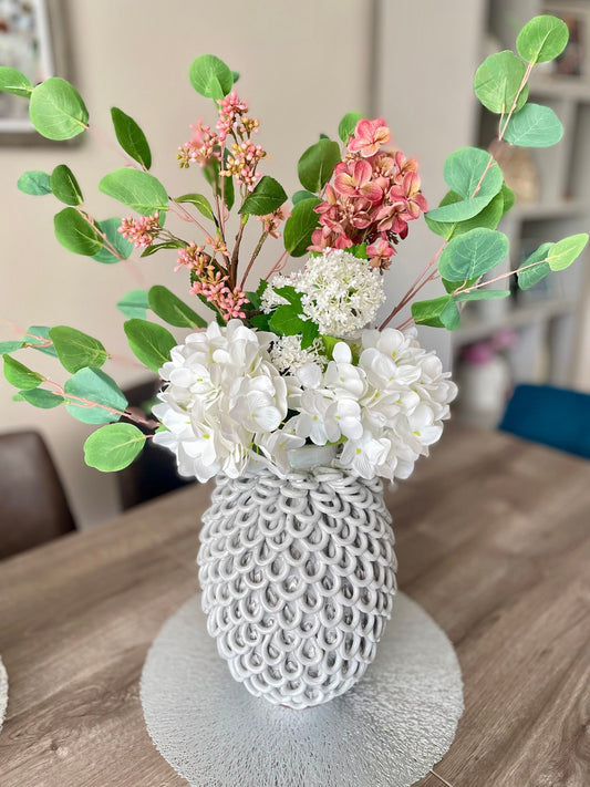 Artificial White and Pink Hydrangea Flower Arrangement | Faux Hydrangea Bouquet Arrangement