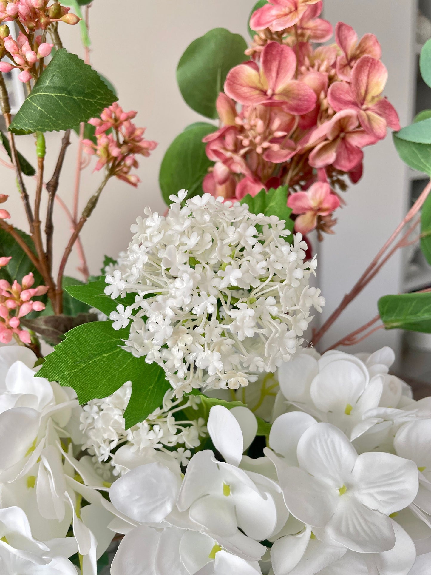 Artificial White and Pink Hydrangea Flower Arrangement | Faux Hydrangea Bouquet Arrangement