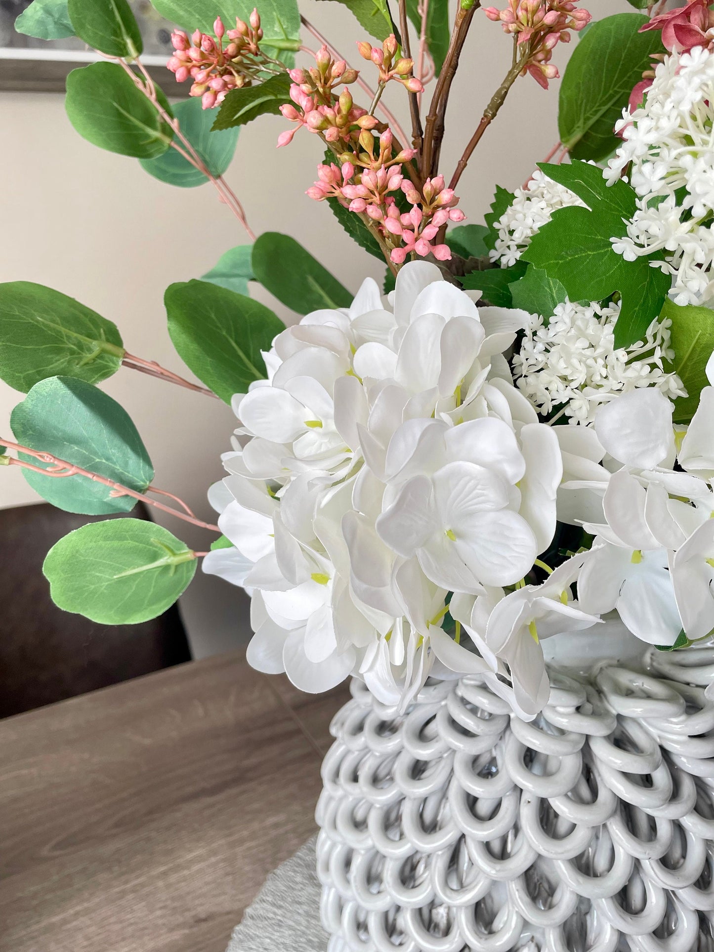 Artificial White and Pink Hydrangea Flower Arrangement | Faux Hydrangea Bouquet Arrangement