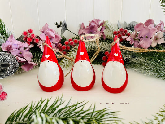 Set of Three Red and White Ceramic Santa Gonk Christmas Baubles